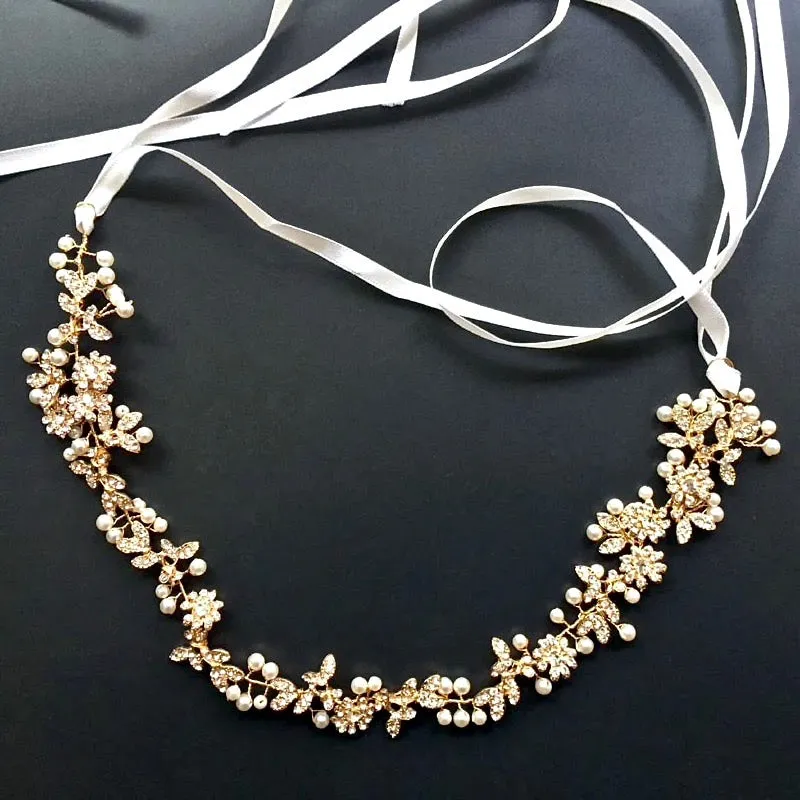 "Kelly" - Vintage Gold Pearl and Crystal Bridal Headband