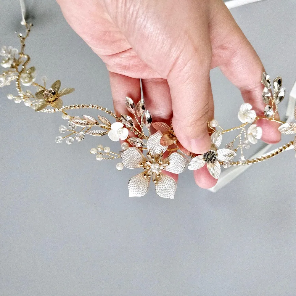 "Loreanna" - Gold Pearl and Crystal Bridal Headband