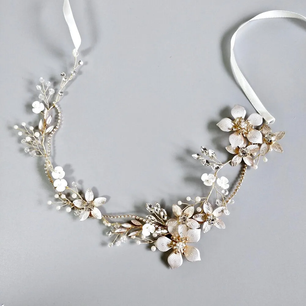 "Loreanna" - Gold Pearl and Crystal Bridal Headband