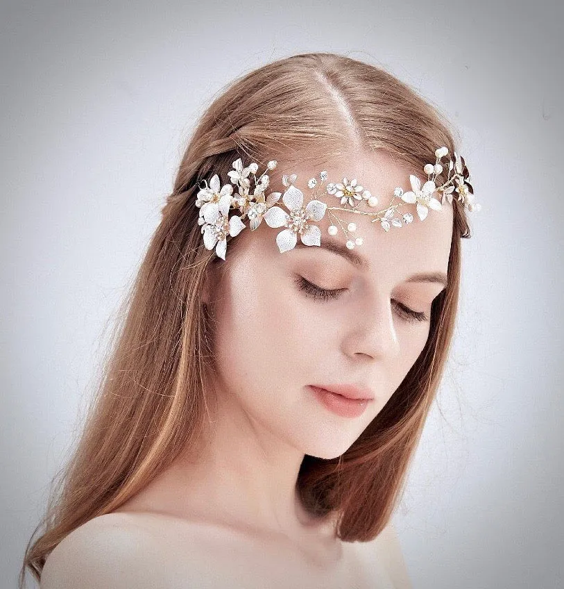 "Loreanna" - Gold Pearl and Crystal Bridal Headband