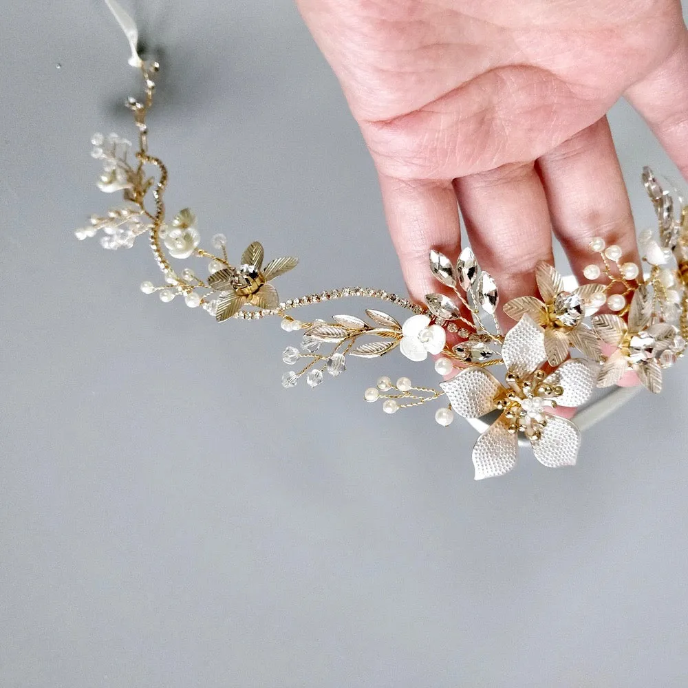 "Loreanna" - Gold Pearl and Crystal Bridal Headband