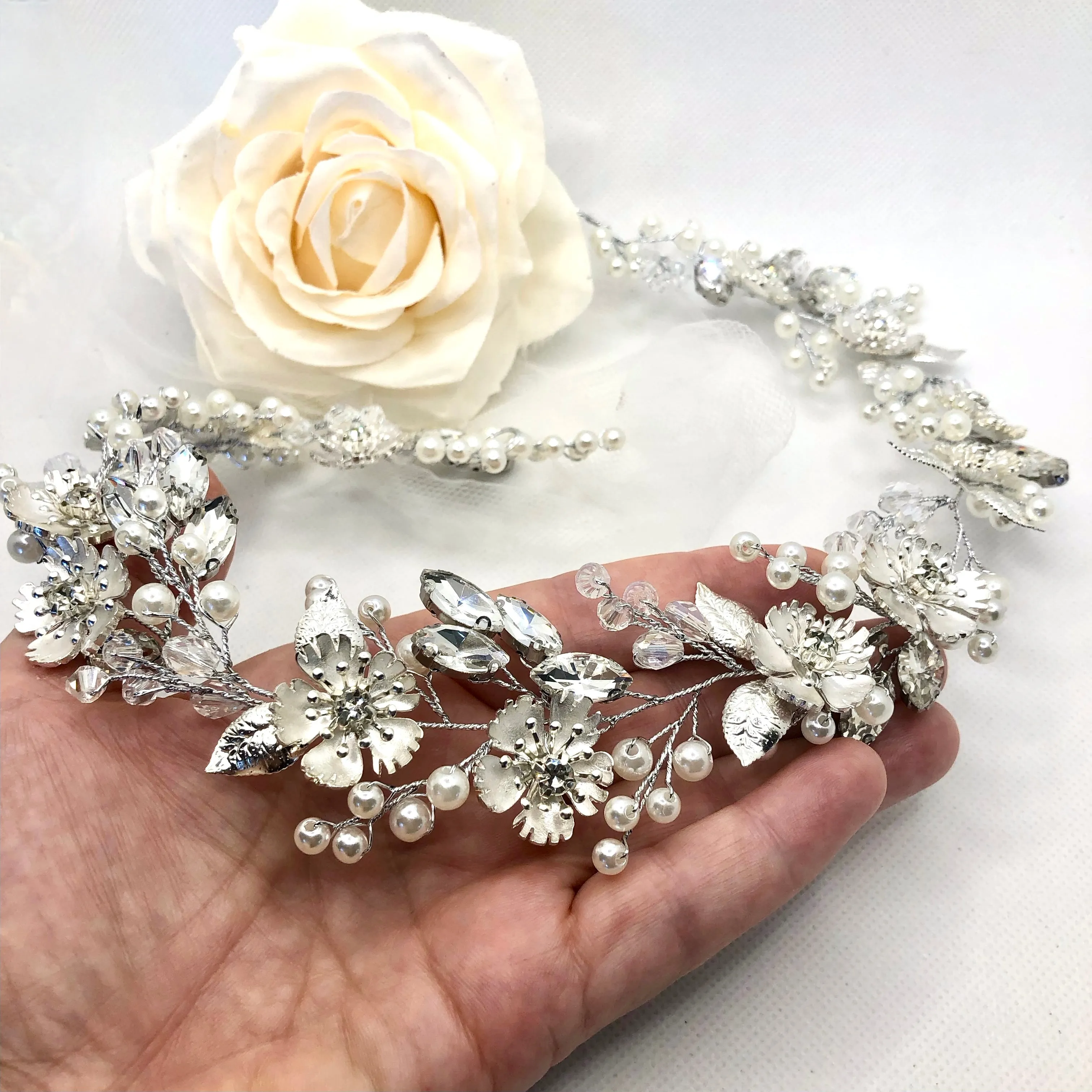 "Maven" - Pearl and Crystal Bridal Headband - Available in Silver and Gold