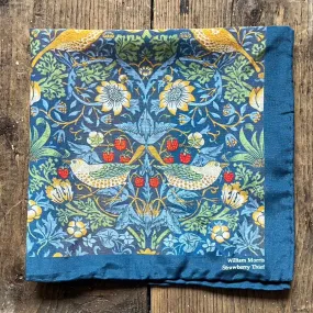 Regent - Cotton/Silk - Pocket Square - William Morris Liberty Print 'Strawberry Thief' Pattern - Navy