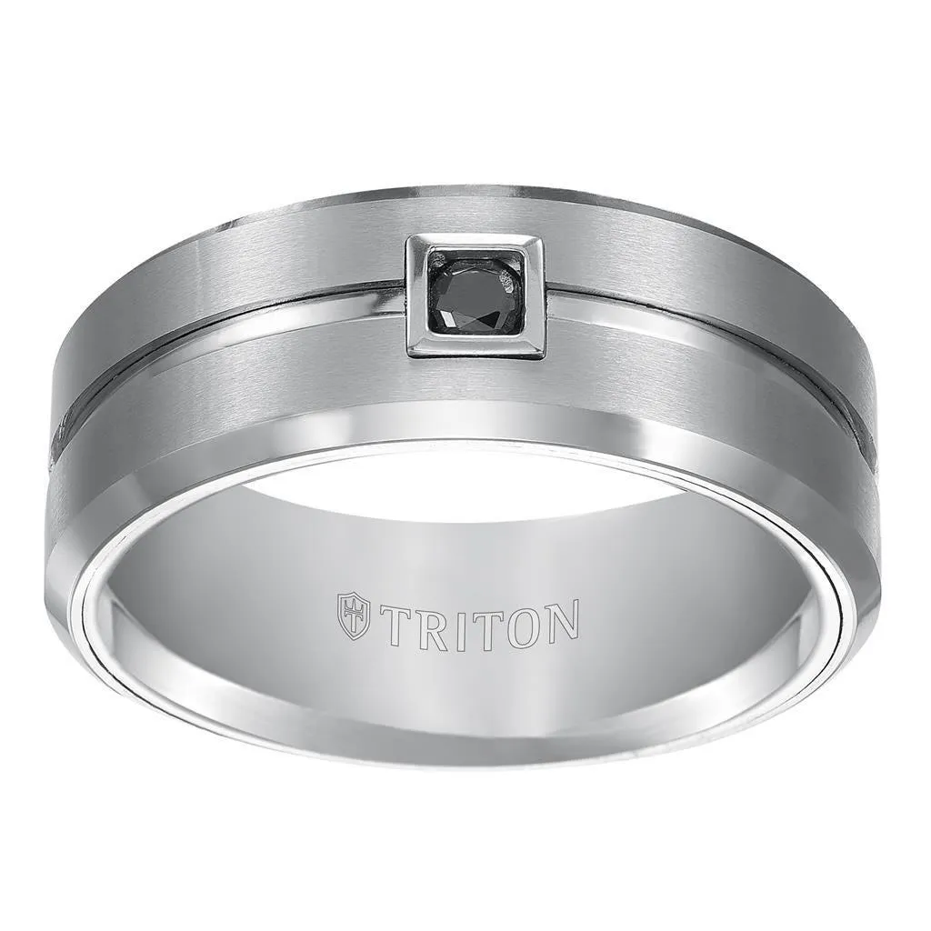 SHERMAN Beveled Grooved Brushed Finish White Tungsten Ring Black Diamond Square Bezel by Triton Rings - 9mm