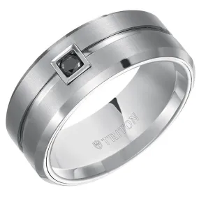 SHERMAN Beveled Grooved Brushed Finish White Tungsten Ring Black Diamond Square Bezel by Triton Rings - 9mm