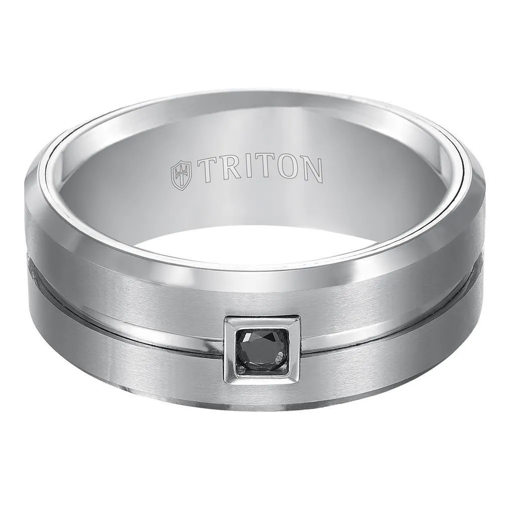 SHERMAN Beveled Grooved Brushed Finish White Tungsten Ring Black Diamond Square Bezel by Triton Rings - 9mm