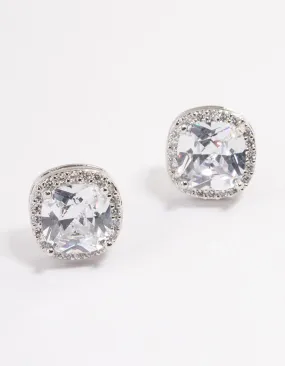 Silver Plated Cubic Zirconia Square Halo Stud Earrings