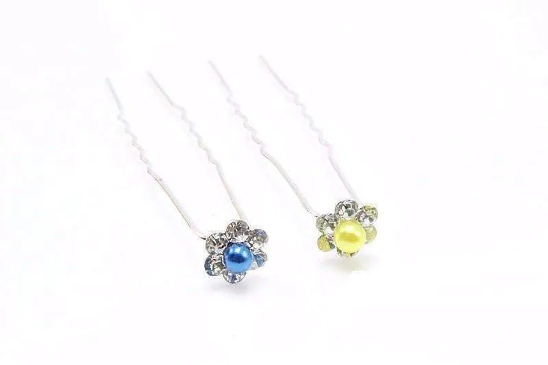 Small Pearl & Rhinestone Flower Hair Pins in 12 Elegant Colors for Woman