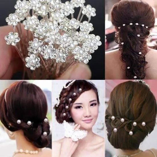Small Pearl & Rhinestone Flower Hair Pins in 12 Elegant Colors for Woman