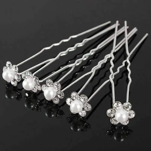 Small Pearl & Rhinestone Flower Hair Pins in 12 Elegant Colors for Woman