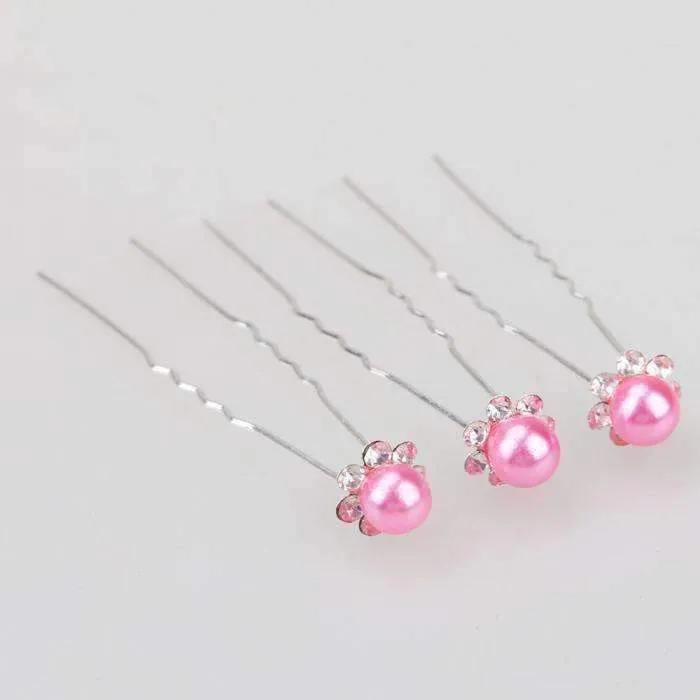 Small Pearl & Rhinestone Flower Hair Pins in 12 Elegant Colors for Woman