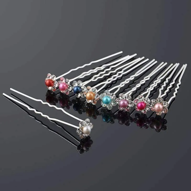 Small Pearl & Rhinestone Flower Hair Pins in 12 Elegant Colors for Woman