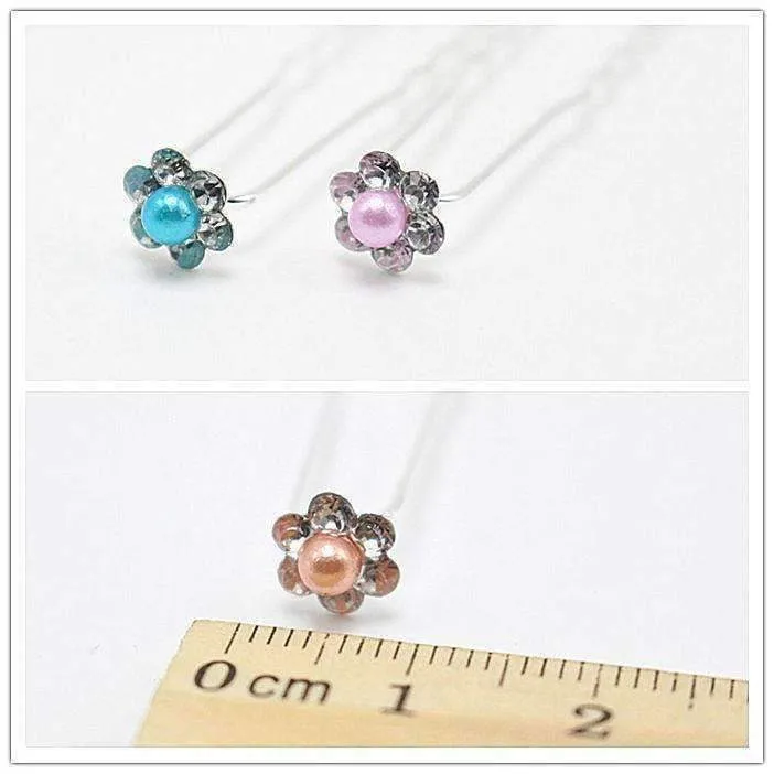 Small Pearl & Rhinestone Flower Hair Pins in 12 Elegant Colors for Woman