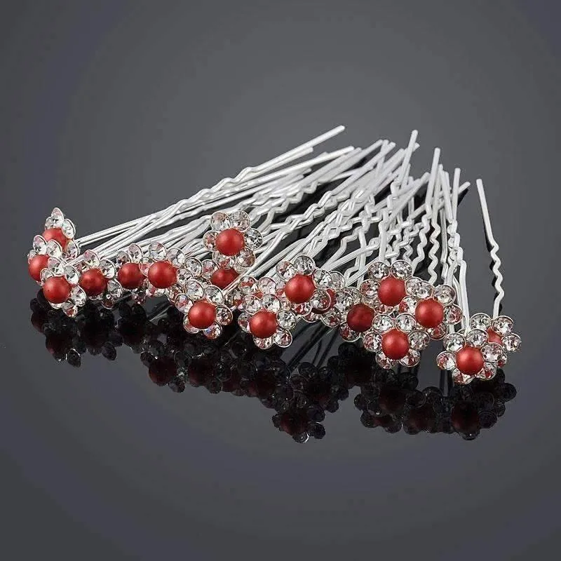 Small Pearl & Rhinestone Flower Hair Pins in 12 Elegant Colors for Woman