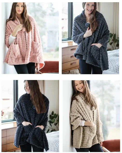 The Coziest Blanket Wrap with Front Pockets and Puff Pom Toggle Tan