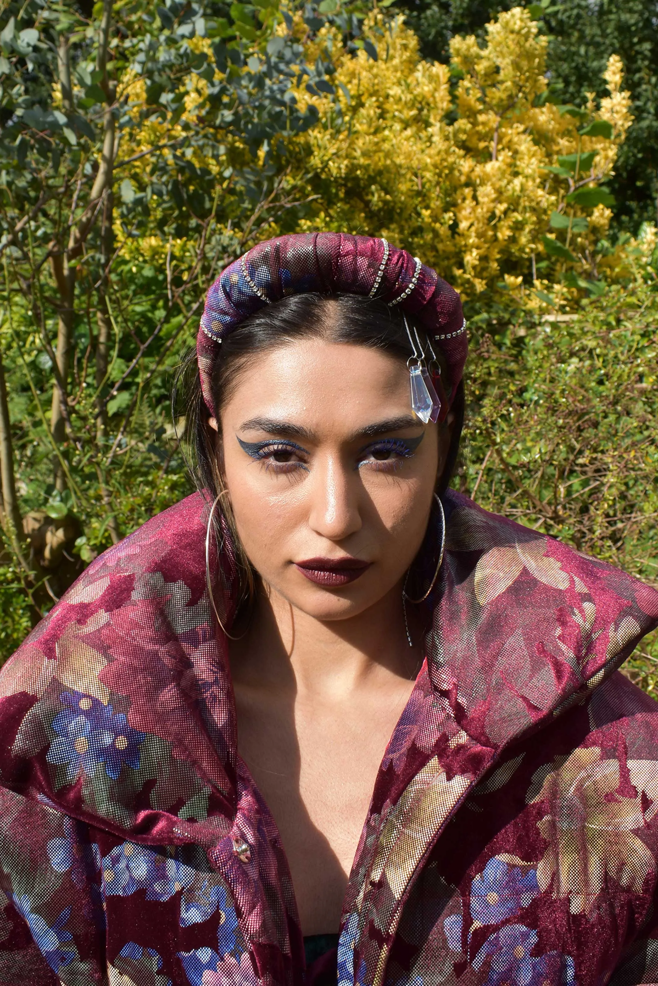 Velvet Diamanté Ruffle Headband Wine Floral